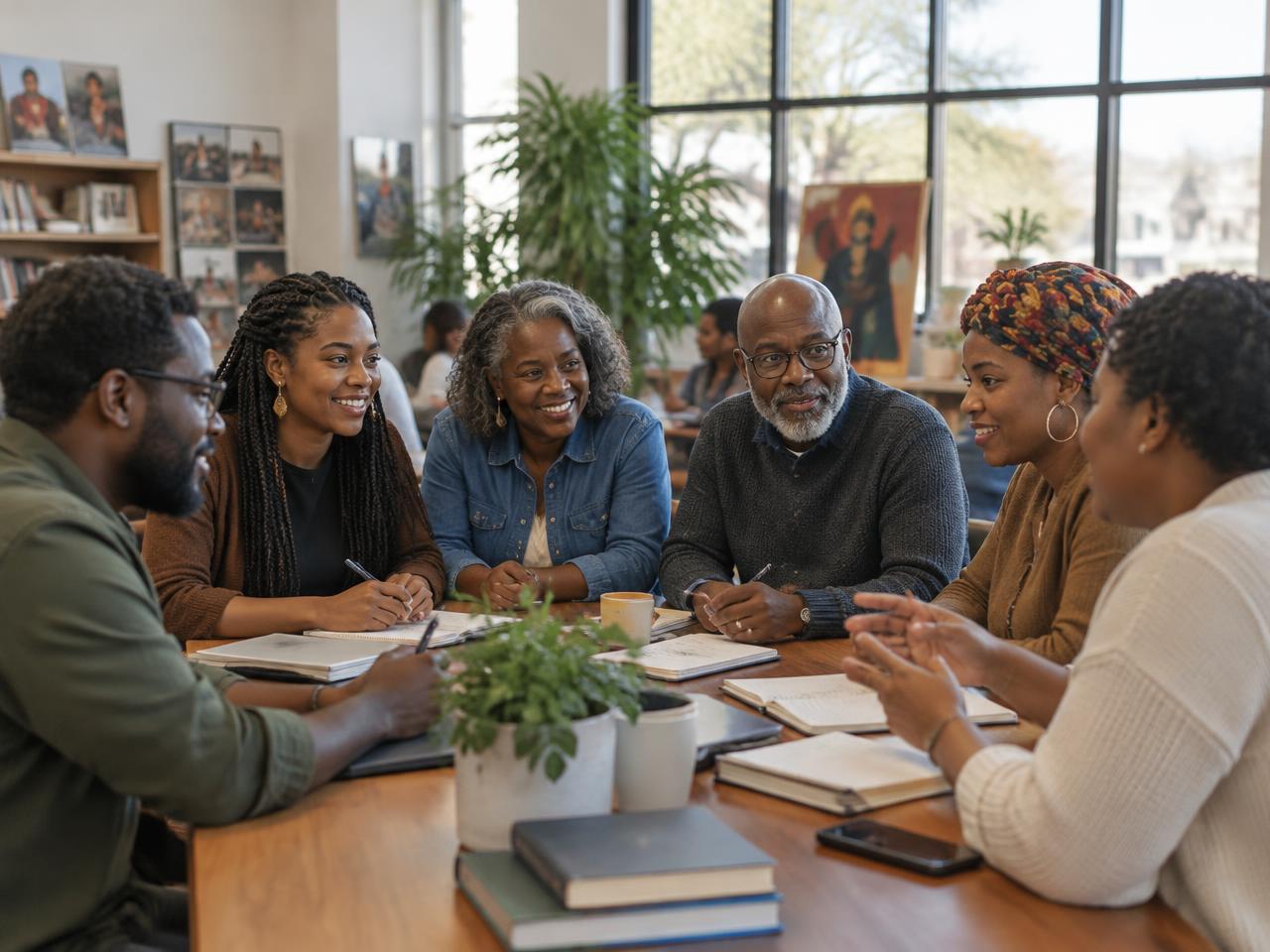 Illustrative editorial image of an intergenerational group collaborating in a community education space