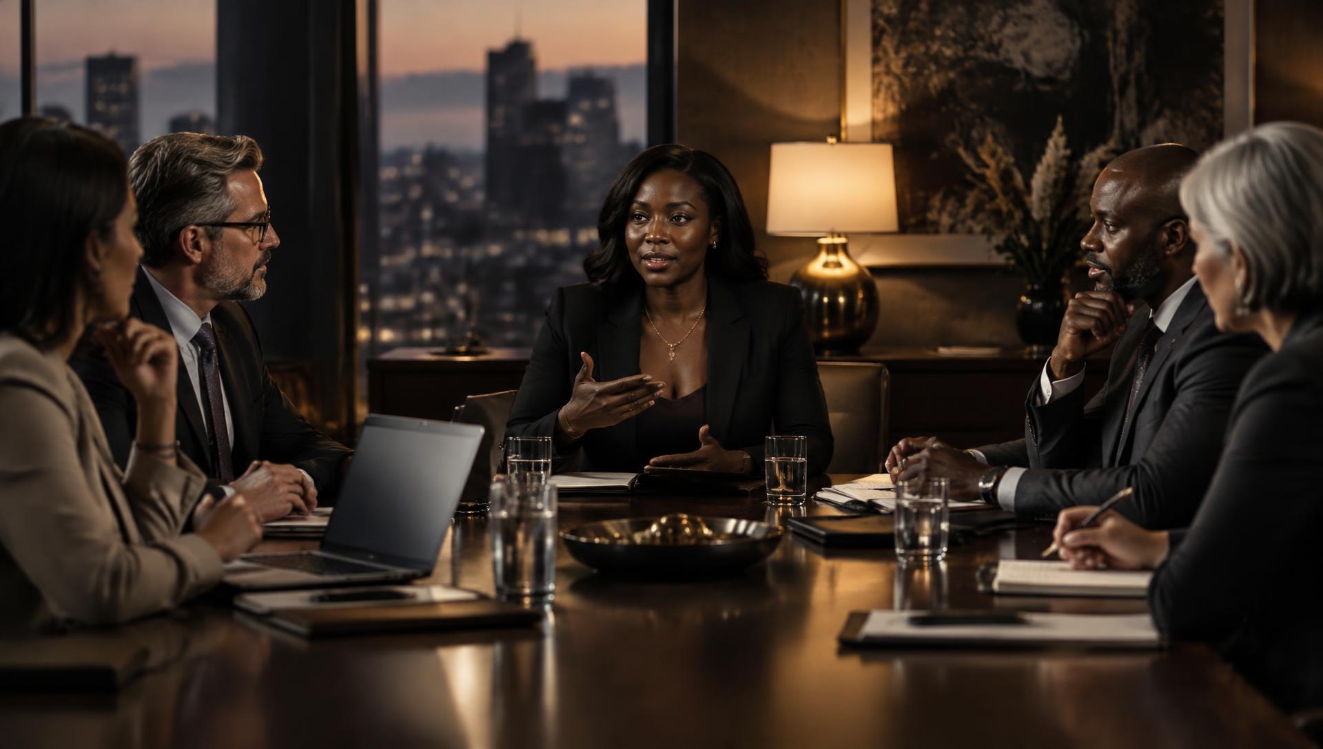 Diverse executive leadership team in discussion around a boardroom table